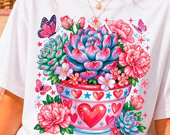 Succulent Pot PNG, Plant Mom Floral Heart Shirt, Butterfly Sublimation DTF Download