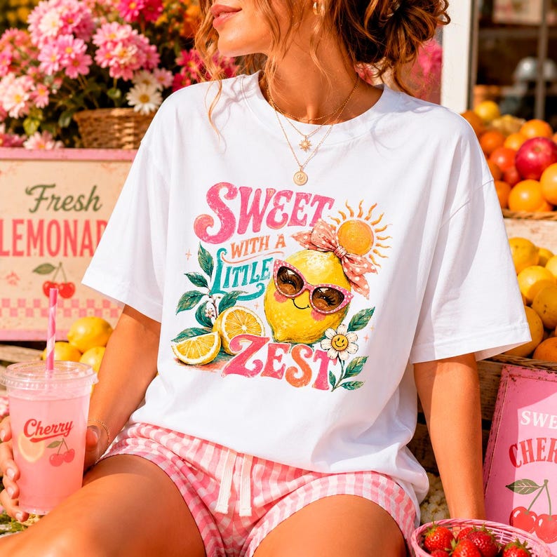 May include: White t-shirt with a colorful graphic of a lemon wearing sunglasses, a bow, and the text "Sweet with a Little Zest." The image also shows pink and white checkered shorts, a pink drink, and a sign that says "Fresh Lemonade."
