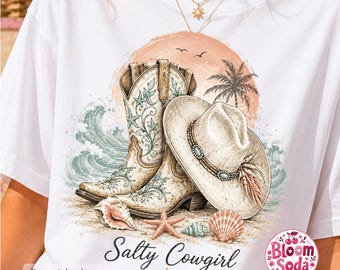 Salty Cowgirl PNG Design, Western Beach Graphic with Cowboy Boots, Hat, Seashells and Ocean Waves for T-Shirts