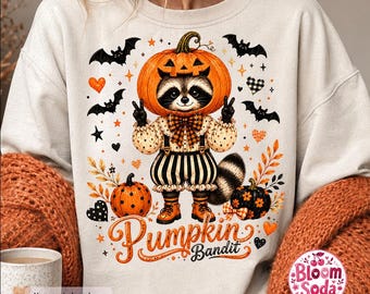 Pumpkin Bandit PNG, Halloween Raccoon Shirt, Cottagecore Spooky Sublimation DTF Download