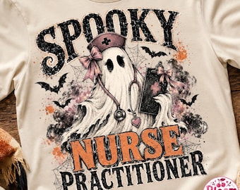 Halloween Nurse Practitioner Shirt PNG, Spooky Ghost NP, Pink Bow Sublimation