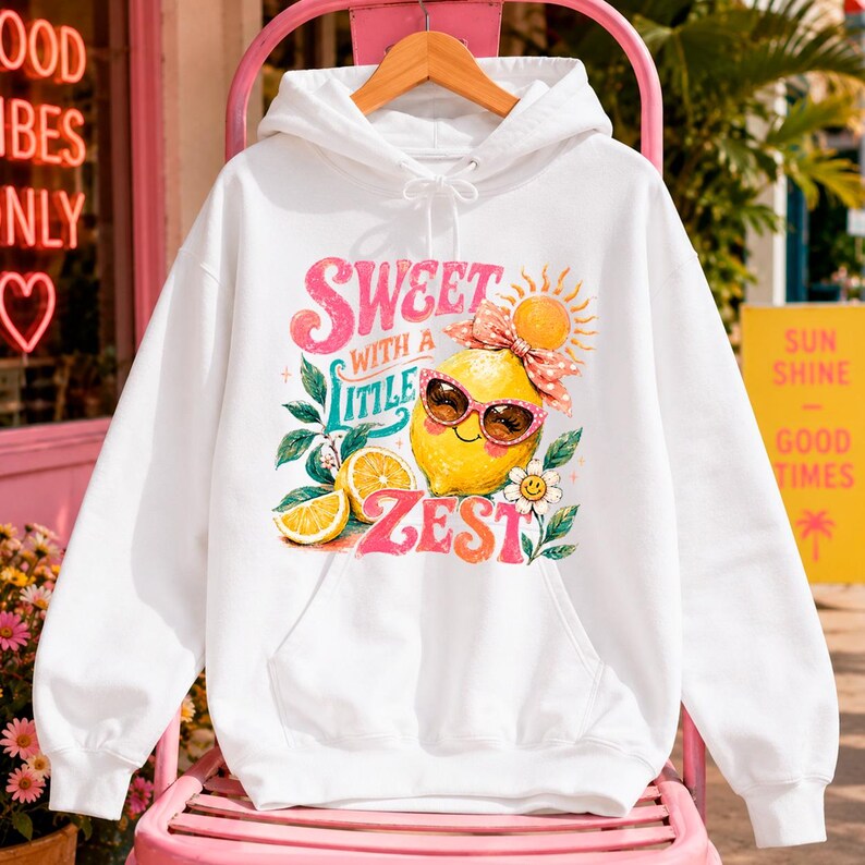 May include: White hoodie with a graphic of a lemon wearing sunglasses and a bow, with the text "Sweet with a Little Zest". The design includes a sun, flowers, and lemon slices. The hoodie has a drawstring hood and a front pocket.