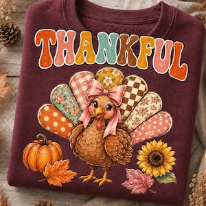 Turkey Whimsical Thanksgiving PNG, Thankful Turkey, Patchwork Fall Shirt Sublimation