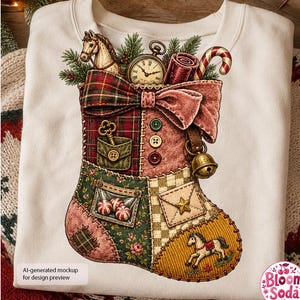 May include: A cream-colored sweatshirt featuring a graphic of a patchwork Christmas stocking filled with a toy horse, a pocket watch, candy canes, and pine branches. The stocking includes buttons, a gold key, a star-topped envelope, and peppermint candies.