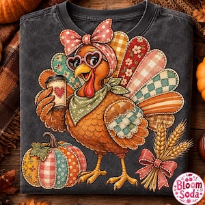 Patchwork de dinde fantaisiste automnal PNG, dinde de Thanksgiving, café citrouille sublimé automnal