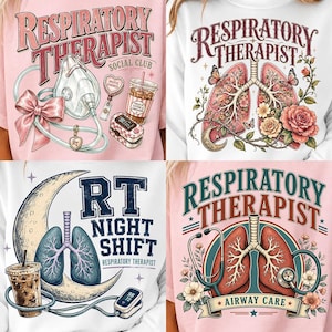 May include: A collection of four sweatshirts featuring graphic designs for respiratory therapists. The prints include illustrations of lungs, stethoscopes, oxygen masks, coffee cups, pulse oximeters, flowers, and moons with text like Respiratory Therapist.