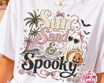 Sun Sand And Spooky PNG, Ghost Beach Halloween Shirt, Retro Boho Sublimation DTF Download