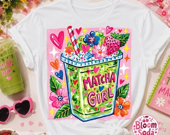 Matcha Girl PNG, Iced Matcha Latte Floral Shirt, Green Tea Sublimation DTF Download