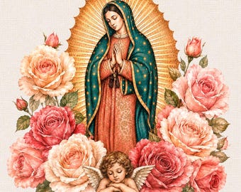 Our Lady of Guadalupe Roses PNG, Floral Virgin Mary Catholic Shirt Design (Digital Download)
