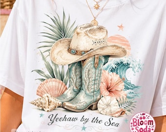 Design PNG di una cowgirl costiera, Yeehaw by the Sea, grafica western da spiaggia con stivali da cowboy, cappello, conchiglie e onde dell'oceano per magliette.