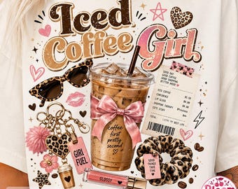 Iced Coffee Girl PNG, Pink Bow Leopard Graphic T-Shirt Design