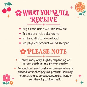 May include: A digital product information graphic with text in pink and white on a cream background. The text reads "WHAT YOU WILL RECEIVE" and "PLEASE NOTE", followed by details about the product, including file type and usage rights. Decorative elements include cherries, flowers, and an orange slice.