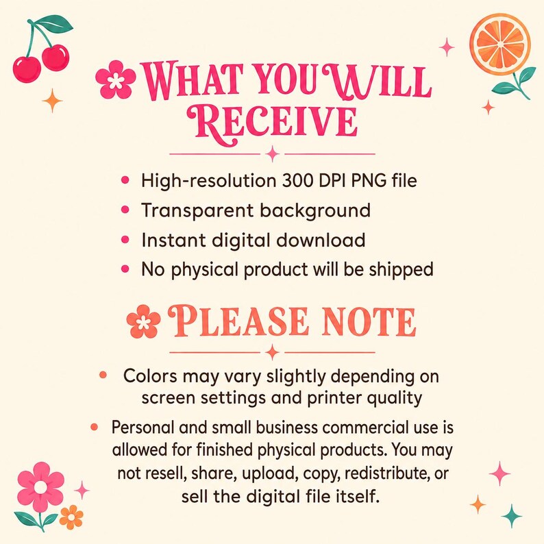 May include: A digital product information graphic with text in pink and white on a cream background. The text reads "WHAT YOU WILL RECEIVE" and "PLEASE NOTE", followed by details about the product, including file type and usage rights. Decorative elements include cherries, flowers, and an orange slice.