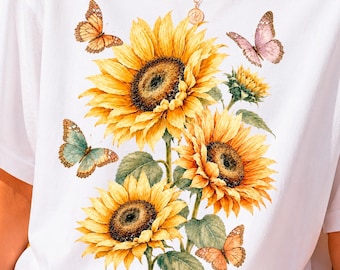 Watercolor Sunflower Butterfly PNG, Summer Floral Shirt Design (Digital Download)
