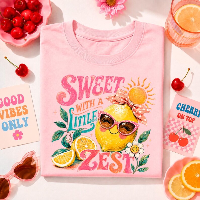 May include: A pink t-shirt with a graphic of a smiling lemon wearing sunglasses and a bow. The text reads "Sweet with a Little Zest." The image includes cherries, orange slices, and the words "Good Vibes Only" and "Cherry on Top."