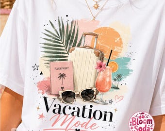 Design PNG in stile vacanza tropicale, con grafica di valigia, passaporto, occhiali da sole e bevanda (download digitale)