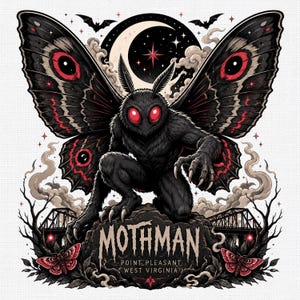 Może przedstawiać: Graficzna ilustracja stworzenia Mothman z dużymi czarno-czerwonymi skrzydłami, świecącymi czerwonymi oczami i ostrymi pazurami, kucającego na skale. Tekst brzmi MOTHMAN POINT PLEASANT WEST VIRGINIA, w otoczeniu nietoperzy, półksiężyca i sylwetek mostów.