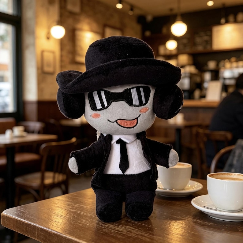 May include: A plush doll dressed in a black suit, white shirt, black tie, and a black fedora hat. The doll has a light gray face, black sunglasses, and a small orange tongue sticking out. It features soft fabric textures and a cartoonish design.
