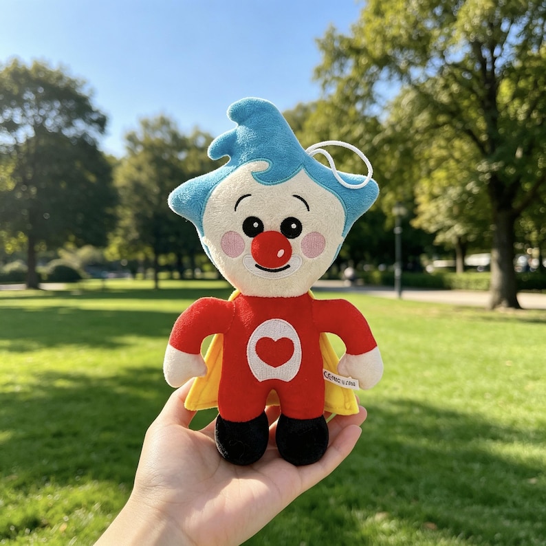 May include: A plush toy featuring a character with blue hair, a red nose, and pink cheeks. The figure wears a red suit with a white circular patch containing a red heart on the chest, black feet, and a yellow cape. A white loop is attached to the top.