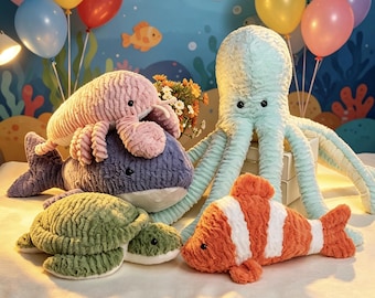 Ocean Creature Plush Collection – Soft Clownfish, Shark, Octopus, Turtle, Lobster Plushies, Handmade Stuffed Animals