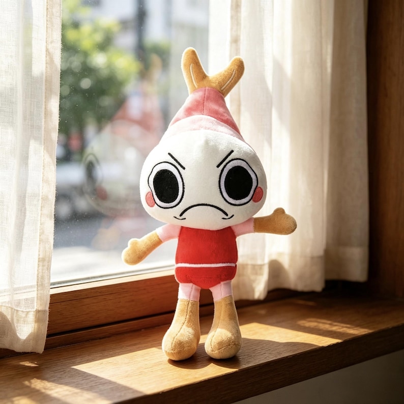 May include: A plush toy featuring a white, round head with large black eyes, a frowning mouth, and a pink pointed hat. The body is red with a white horizontal stripe, light pink arms, and tan-colored hands and feet, standing upright.