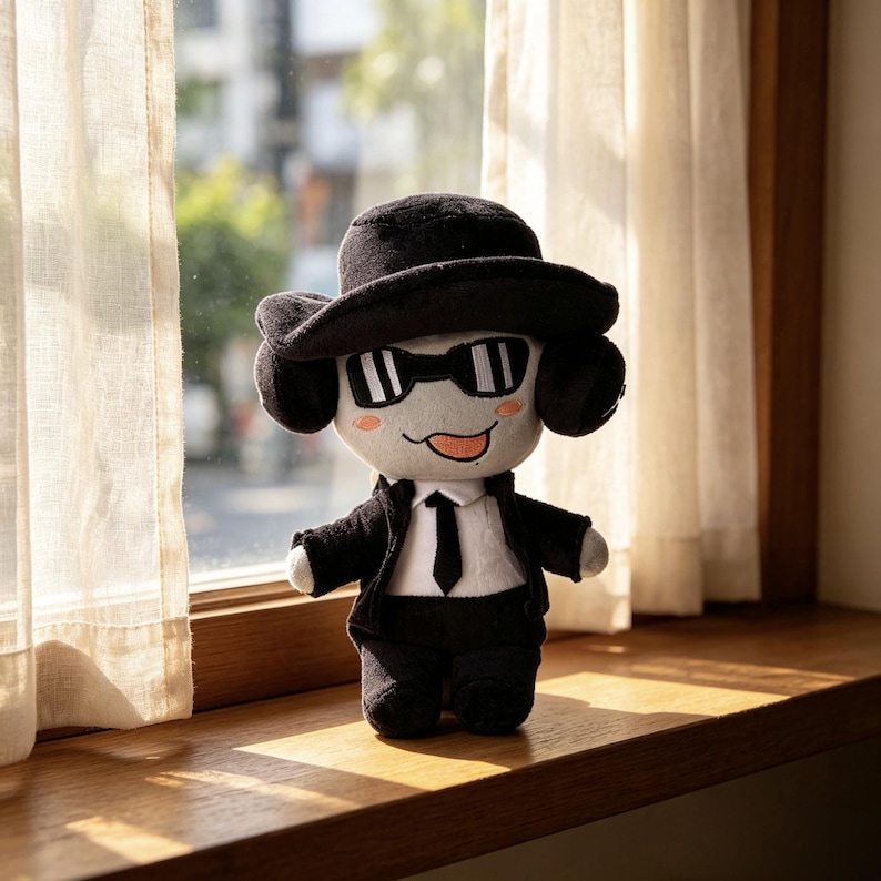 May include: A plush doll featuring a light gray face with a playful expression, wearing a black fedora, black sunglasses, a white collared shirt with a black necktie, and a black suit jacket. The doll has small pink blush marks on its cheeks.