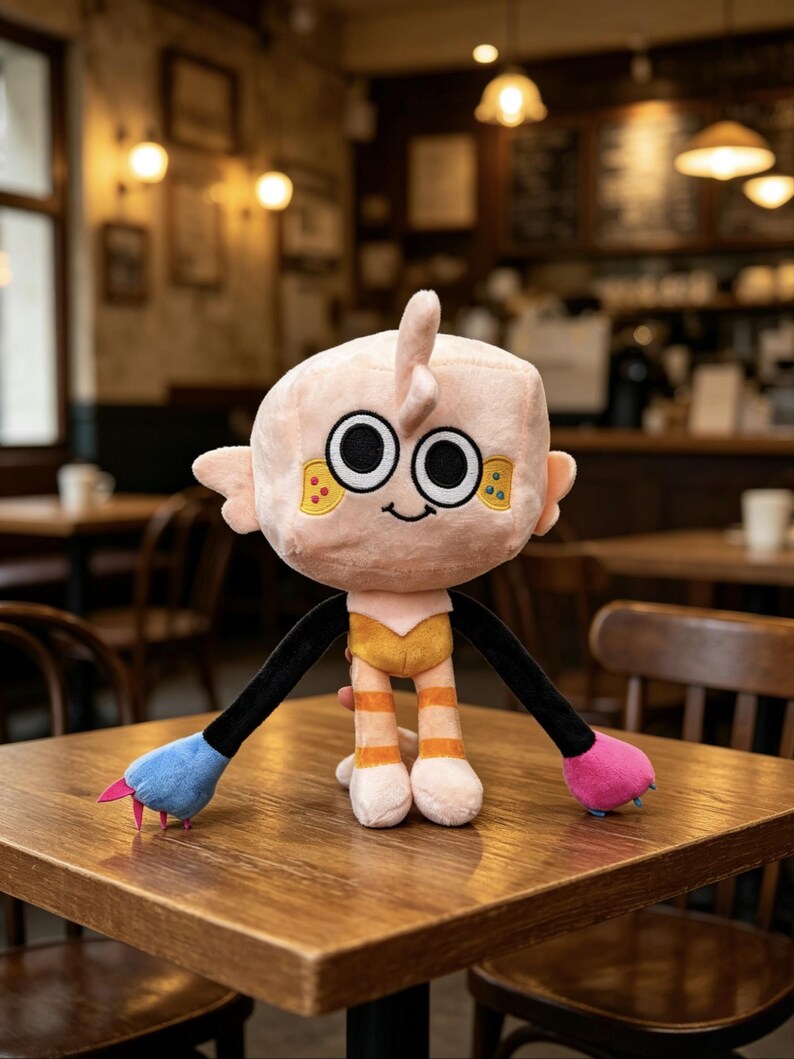 May include: A plush toy featuring a pale pink, cube-shaped head with large black and white eyes, a small smile, and yellow cheek patches. It has long black arms ending in one blue and one pink paw with small claws, and striped orange and white legs.