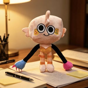 May include: A plush toy with a square-shaped light pink head, large circular eyes, and a small smile. It has long black arms ending in one blue and one pink hand with claws, and light pink legs with orange stripes and a yellow chest patch.