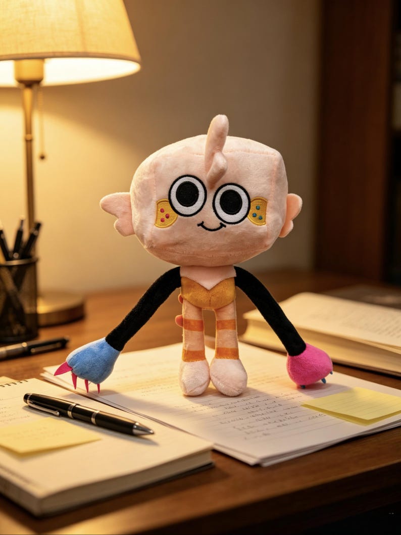 May include: A plush toy with a square-shaped light pink head, large circular eyes, and a small smile. It has long black arms ending in one blue and one pink hand with claws, and light pink legs with orange stripes and a yellow chest patch.