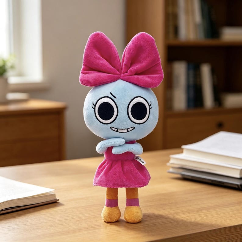 May include: A plush doll with a light blue round head, large black eyes, and a wide grin. It wears a large bright pink bow on its head, a matching pink dress, and orange-yellow shoes with pink accents. The doll has its arms crossed.