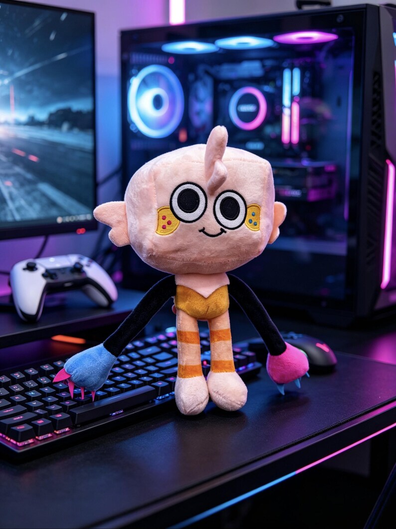 May include: A plush toy with a large, square-shaped head, wide black and white eyes, and a small embroidered smile. It has thin black arms ending in one blue and one pink hand with claws, and legs with orange stripes, standing on a black surface.