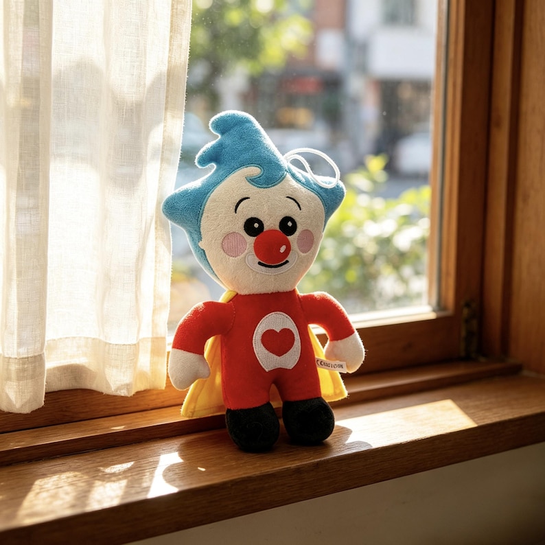May include: A plush toy featuring a blue star-shaped head, a red nose, and a smiling face. The body is red with a white heart emblem on the chest, white hands, and black feet. A yellow cape is attached to the back, and a small white loop is on top.