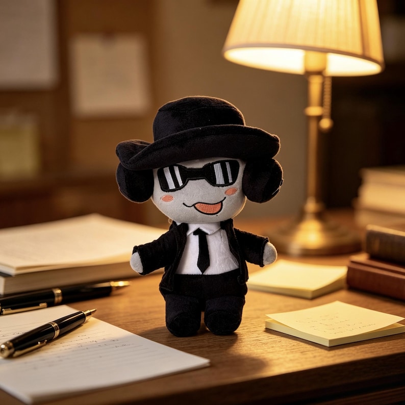 May include: A plush doll wearing a black suit, a white shirt with a black tie, and a black fedora. The doll has white skin, black sunglasses, and a playful expression with a tongue sticking out. It features soft fabric textures and a compact design.