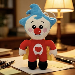 May include: A plush toy featuring a blue hair-like headpiece, a white face with a red nose, and pink cheeks. The body is red with a white circular patch containing a red heart, white hands, black feet, and a yellow cape attached to the back.