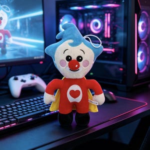 May include: A plush toy featuring a character with a blue pointed hat, a red nose, and a white face. The character wears a red bodysuit with a white heart emblem on the chest and a yellow cape. It has black feet and a small white hanging loop.