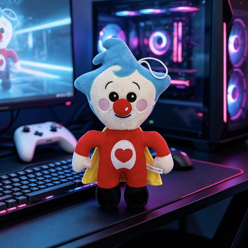 May include: A plush toy featuring a character with a blue pointed hat, a red nose, and a white face. The character wears a red bodysuit with a white heart emblem on the chest and a yellow cape. It has black feet and a small white hanging loop.