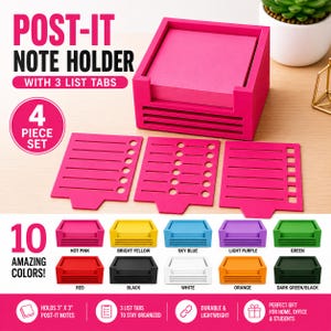 May include: A hot pink square note holder with a stack of matching sticky notes and three distinct list tabs. The set includes ten color options: hot pink, bright yellow, sky blue, light purple, green, red, black, white, orange, and dark green.