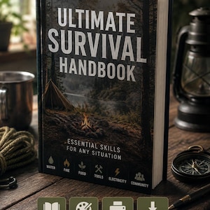 Peut inclure: Un livre relié intitulé Ultimate Survival Handbook avec une image de couverture montrant un feu de camp et une tente en forêt. Le texte indique Essential Skills For Any Situation, avec des icônes pour l'eau, le feu, la nourriture, les outils, l'électricité et la communauté.