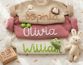 Hand-Knit Baby Name Sweater, Personalized Newborn Pullover, Knitted Baby Sweater, Baby Shower or Birthday Gift