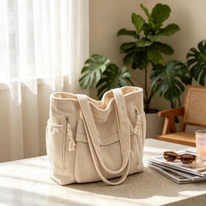 May include: A cream-colored corduroy tote bag featuring two long shoulder straps, a large front pocket with a flap, and two side pockets with vertical zippered closures. Each zipper pull is accented with a small, decorative knotted tassel.