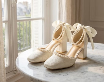 Pearl Wedding Shoes Ivory Bridal Block Heels Mary Jane Satin Bow Ankle Strap Elegant Bridesmaid Closed Toe Evening Dress Shoes