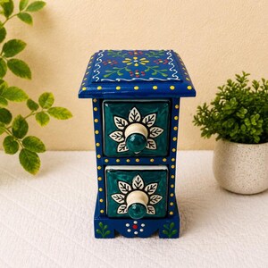 Blue Wooden Storage Chest with 2 Drawers, Hand Painted Folk Art Organizer, Small Decorative Cabinet, Colorful Home Decor