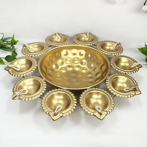 Golden Metal Diya Urli for Diwali Decor, Indian Pooja Urli, Traditional Home Decor, Festive Centerpiece, Hindu Religious Gift