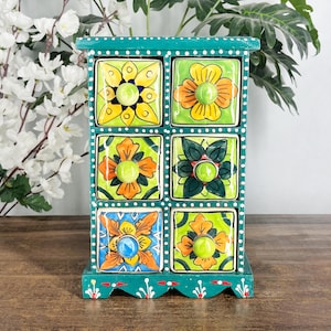 Teal Wooden Ceramic 6 Drawer Organizer Cabinet