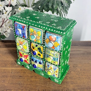 Handmade Green Wooden Cabinet with 9 Ceramic Drawers, Rustic Jewelry Organizer, Spice Storage Cabinet, Boho Farmhouse Home Decor