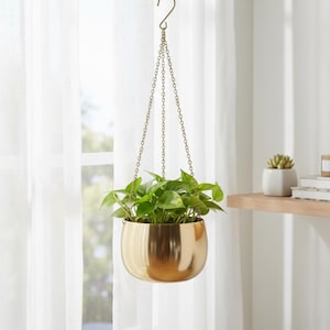 May include: A polished gold-toned metal hanging planter with a rounded bowl shape, suspended by three thin matching metal chains connected to a single hook at the top, containing a lush green leafy plant with vibrant, heart-shaped foliage.