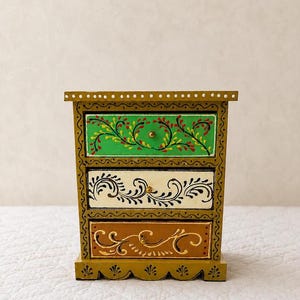Rajasthani Style Handpainted Storage Chest, Floral Folk Art Organizer, 3 Drawer Wooden Cabinet, Indian Home Decor, Handmade Accent
