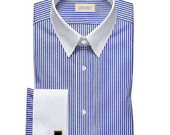 ZYDRIC Men's Blue Striped Dress Shirt - White Contrast Point Collar (USA, UK)