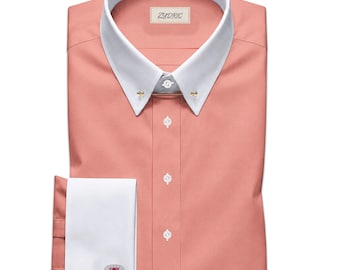 Pin collar shirt, deep peach wedding, mens bespoke gift, contrast spearpoint