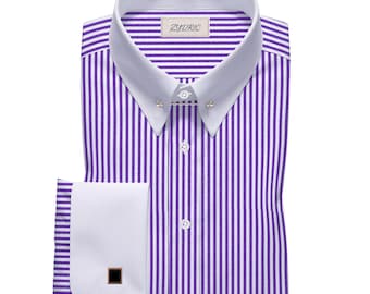Luxury Lavender Stripe Giza Cotton Formal Shirt, French Cuff, White Contrast, Collar Bar